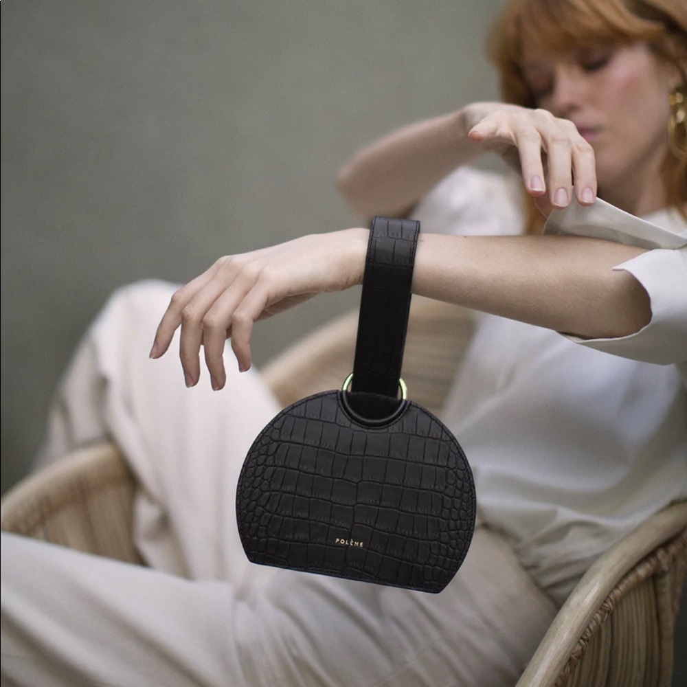 Polene Black Croc-Embossed Wristlet